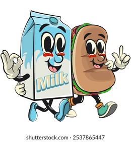 Sub Sándwich de dibujos animados de la mascota de la ilustración del personaje de Vector caminando con la caja de leche, trabajo de dibujado a mano