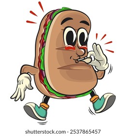 Sub Sandwich desenho animado mascote ilustração personagem vetor está soprando o assobio, trabalho de mão desenhada