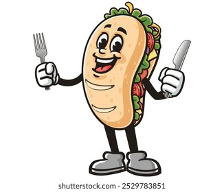 Sub Sandwich with Fork and Knife, Cartoon Mascot Illustration Character Vector Clip-art Hand-drawn Logo Design