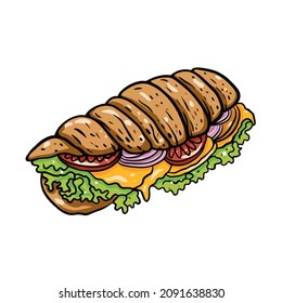 Sub Sandwich Hand Drawn Colorful Vector Illustration. Set Ingredient Cheese, Tomato, Onion And Shredded Lettuce. Isolated On White Background.