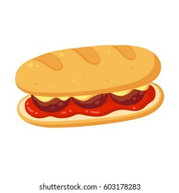 Sub sandwich with meatballs, cheese and tomato marinara sauce. Vector clip art illustration.