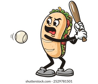 Sub Sandwich Baseball spielen, Cartoon Maskottchen Illustration Charakter Vektor Clip-Art Handgezeichnetes Logo Design