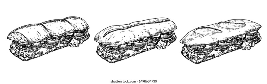 Sub Sandwich with sausage, cheese, lettuce and tomato. Long sandwich set. Sketch style