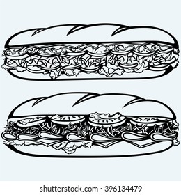 Sub Sandwich mit Wurst, Käse, Salat und Tomate. Einzeln auf blauem Hintergrund. Vektorillustration-Silhouetten