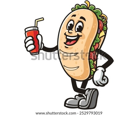 Sub Sandwich with Soft drink, Cartoon Mascot Illustration Character Vector Clip-art Hand-drawn Logo Design
