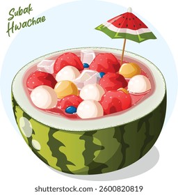 Subak Hwachae Korean Fruit Punch in Watermelon Rind Bowl with Umbrella. Scooped Watermelon, Cantaloupe, Mochi, Blueberry and Ice. Authentic Asian Summer Party Fruity Cocktail Detailed Illustration.