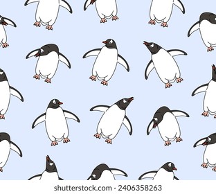 Subantarctic penguin or gentoo penguins, seamless vector background and pattern. Animal, bird, avian, feathered, antarctica and nature, vector design and illustration