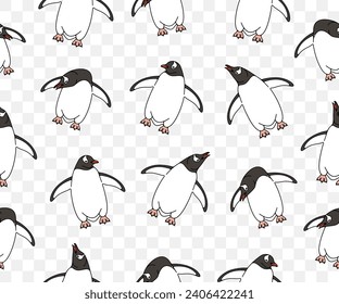 Subantarctic penguin or gentoo penguins, seamless vector background and pattern. Animal, bird, avian, feathered, antarctica and nature, vector design and illustration