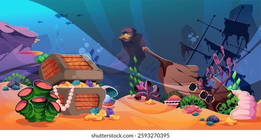 Subaqueous environment with sunken ship and chest with gold and jewels. Vector cartoon shipwreck or pirate frigate wrecks under water of deep sea coral reef with fishes in ocean seaweed