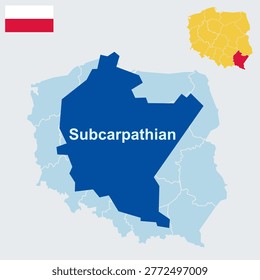 Subcarpathian Poland Map and Flag - Podkarpackie Voivodeship, Rzeszów Capital and Blue-White Vertical Triband Vector Outline.
