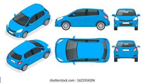 Subcompact blue hatchback car. Compact Hybrid Vehicle. Eco-friendly hi-tech auto. Easy color change. Template isolated on white view front, rear, side, top and isometric