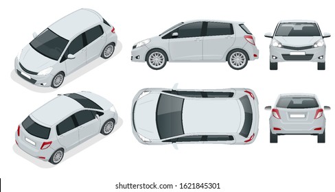 Subcompact hatchback car. Compact Hybrid Vehicle. Eco-friendly hi-tech auto. Easy color change. Template isolated on white view front, rear, side, top and isometric