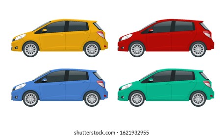 Subcompact hatchback car. Compact Hybrid Vehicle. Eco-friendly hi-tech auto. Template isolated on white View side.