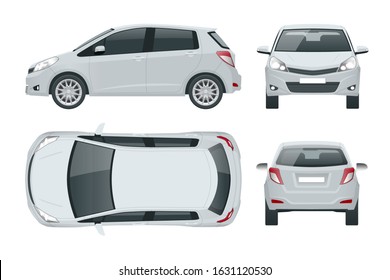 Subcompact hatchback car. Compact Hybrid Vehicle. Eco-friendly hi-tech auto. Easy color change. Template isolated on white view front, rear, side, top