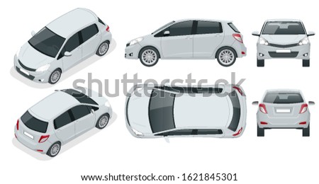 Subcompact hatchback car. Compact Hybrid Vehicle. Eco-friendly hi-tech auto. Easy color change. Template isolated on white view front, rear, side, top and isometric