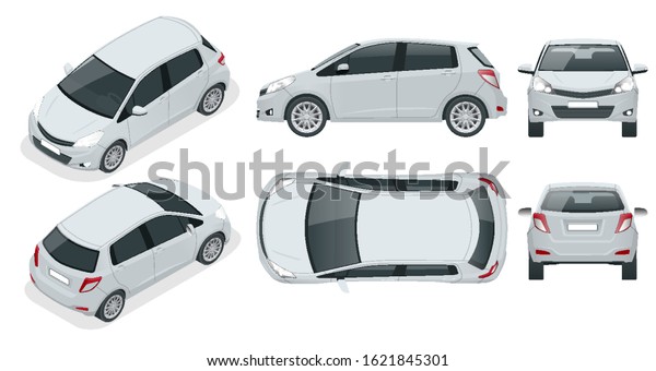 Subcompact hatchback car. Compact\
Hybrid Vehicle. Eco-friendly hi-tech auto. Easy color change.\
Template isolated on white view front, rear, side, top and\
isometric