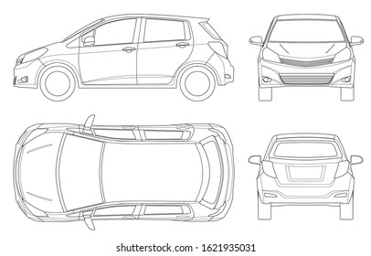 Subcompact hatchback car in outline. Compact Hybrid Vehicle. Eco-friendly hi-tech auto. Easy to change the thickness of the lines. Template vector isolated on white View front, rear, side, top