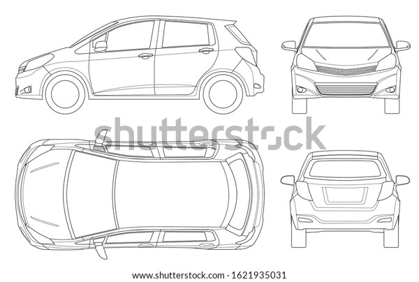 Subcompact hatchback car in outline. Compact Hybrid\
Vehicle. Eco-friendly hi-tech auto. Easy to change the thickness of\
the lines. Template vector isolated on white View front, rear,\
side, top