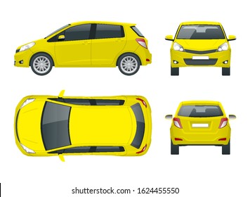 Subcompact yellow hatchback car. Compact Hybrid Vehicle. Eco-friendly hi-tech auto. Easy color change. Template vector isolated on white View front, rear, side, top