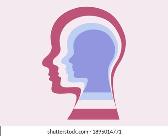 Subconcious mind, deep thinking. Human heads symbol layers. One head inside the other. Vector.