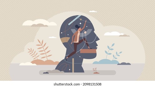 Subconscious mental processes with automatic thoughts tiny person concept. Psychological state in deep mind responsible about thinking, bias, soft skills and uncertain behavior vector illustration.