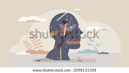 Subconscious mental processes with automatic thoughts tiny person concept. Psychological state in deep mind responsible about thinking, bias, soft skills and uncertain behavior vector illustration.