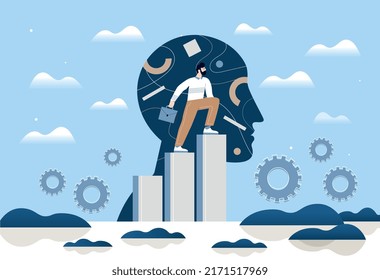 Subconscious mental processes concept. Thinking, awareness and responsibility in behavior. Psychological stability. Male businessman on background of head silhouette. Cartoon flat vector illustration