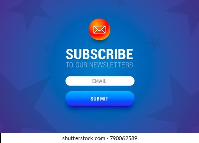 Subcribe form with name and email input fields and submit button. Vector form for user interface or web.