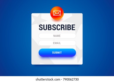 Subcribe form with name and email input fields and submit button. Vector form for user interface or web.