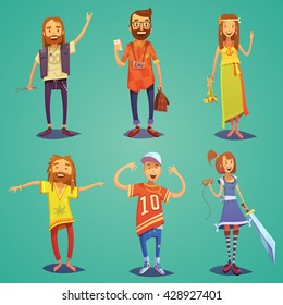 Subculture happy people figures collection dressed in hipsters style clothing with retro accessories abstract cartoon isolated illustration 