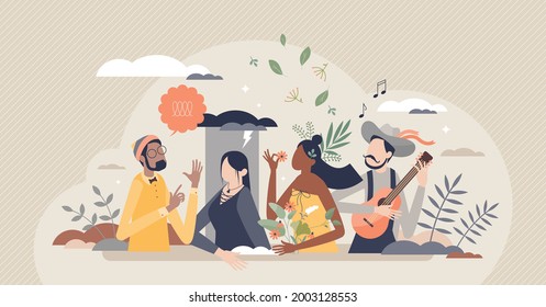 Subculture and identity expression with clothing style tiny person concept. Community with alternative lifestyle and different appearance vector illustration. Visual minority and youth lifestyle scene