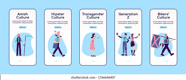 Subculture onboarding mobile app screen flat vector template. Alternative fashion and lifestyle. Walkthrough website steps with characters. UX, UI, GUI smartphone cartoon interface, case prints set