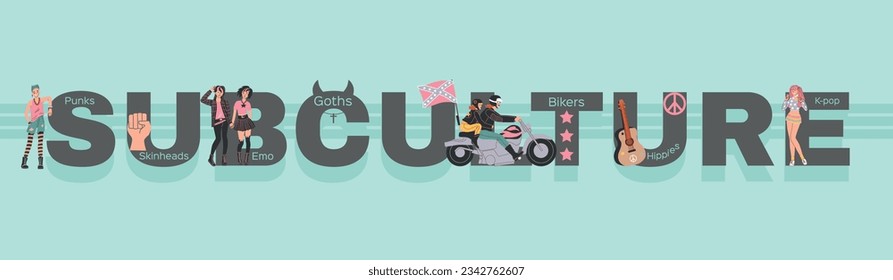 Subcultura personas composición de texto plano con estrellas de clasificación y jóvenes con estilos diferentes en la ilustración vectorial de ropa