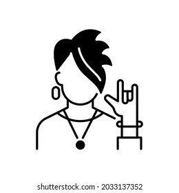 Subcultures black linear icon. Rocker style. Punk clothing on teenager. Adult with goth appearance. Social group, society category. Outline symbol on white space. Vector isolated illustration