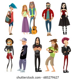 Subcultures people set in cartoon style with hippie hipster goth punk rapper and rastafarian isolated vector illustration