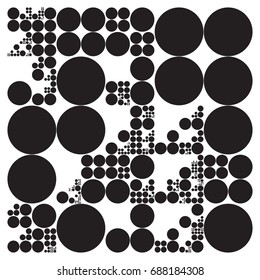 Subdivided circle grid system. Randomly sized spheres with fixed space between. Futuristic dot layout. Conceptual generative background. Procedural graphics. Creative coding. 