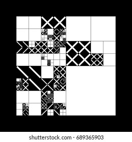 Subdivided grid system with symbols. Randomly sized objects with fixed space between. Futuristic minimalistic layout. Conceptual generative background. Procedural graphics. Creative coding. 