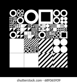 Subdivided grid system with symbols. Randomly sized objects with fixed space between. Futuristic minimalistic layout. Conceptual generative background. Procedural graphics. Creative coding. 