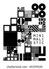 Subdivided grid system with symbols. Randomly sized objects with fixed space between. Futuristic minimalistic layout. Conceptual generative background. Procedural cover graphics. Creative coding. 