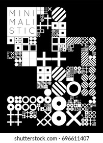 Subdivided grid system with symbols. Randomly sized objects with fixed space between. Futuristic minimalistic monochrome layout. Conceptual generative background. Procedural graphics. Creative coding.