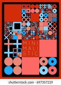 Subdivided grid system with symbols. Randomly sized objects with fixed space between. Futuristic minimalistic colorful layout. Conceptual generative background. Procedural graphics. Creative coding.