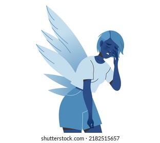 Subdued Woman Victim with Wings Suffering from Abuse and Bullying Vector Illustration