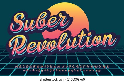 Suber Revolution. Futuristic 3D script font. Cyber punk style. Red color. 1980s style. Disco and vintage