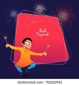 Subh Diwali celebrations concept with Happy Kid holding firecrakes on pink and blue background.