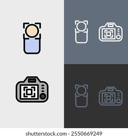Enfoque del sujeto y parte trasera de la cámara: conjunto de iconos de Fotografía y videografía limpios y modernos.