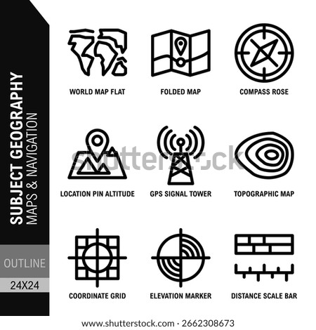 subject geography maps and navigation glyph icon sets
