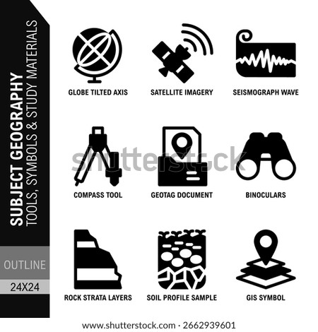 subject geography tools, symbols and study materials glyph icon sets