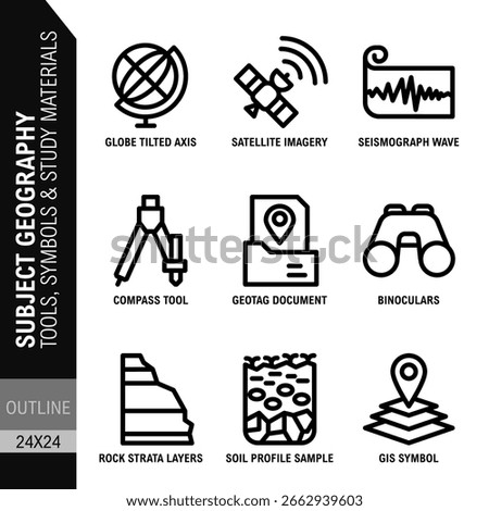subject geography tools, symbols and study materials outline icon sets