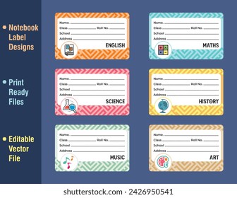 Subject Label for notebook printable template design, Notebook Diary Label Sticker Design, customized classroom subject stickers English Science Label Design Download editable vector file illustration