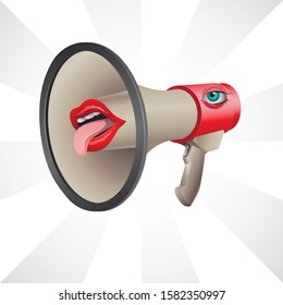 Subject loudspeaker megaphone character with lips and eyes on isolated background. Vector image. eps 10